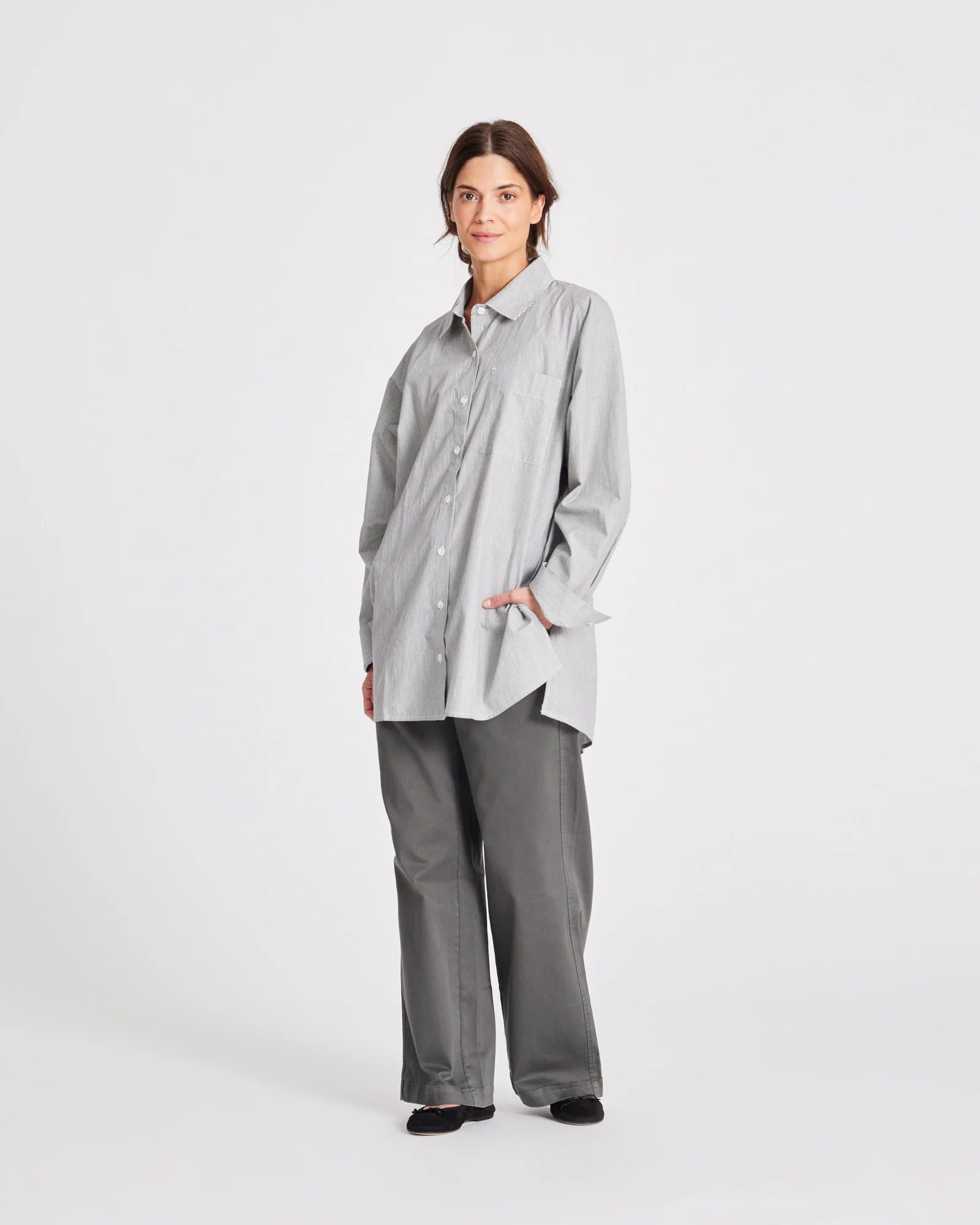 GAI+LISVA Bella Raglan Long Shirt | Dark Grey/Ecru Stripe